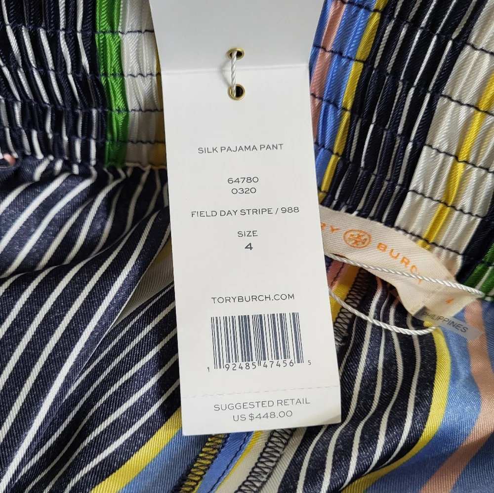 TORY BURCH Silk Pajama Pant Jogger in Field Day Stripes Blue Green Size 4